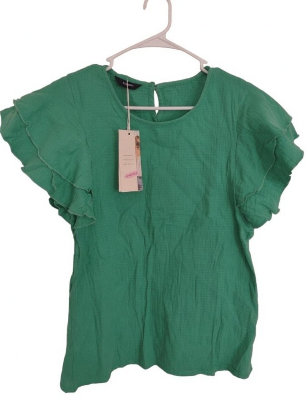 KellyGreen Gauze Top Small Classic Flutter Sleeve Lightweight 100 Percent Cotton